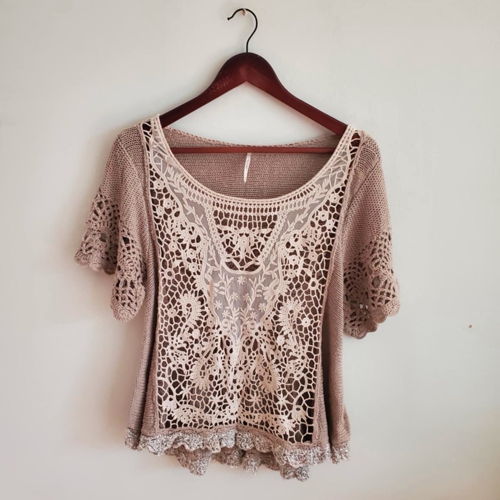 Free People Lace Crochet Short Sleeve Sweater - Picture 2 of 8